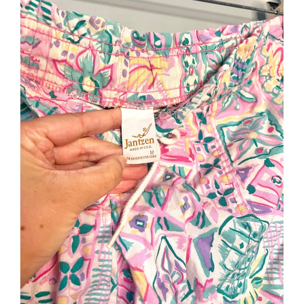 Vintage 90s Jantzen Tropical Patchwork Cotton Relaxed Baggy Long Shorts Size‎ 12 - Picture 4 of 8